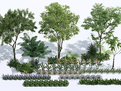 Lush Garden Flowers And Trees With Palm Plants Shrubs And Colorful Greenery 3d model