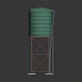 Green Water Tank With Red Steel Frame Elevated On Support Structure 3d model