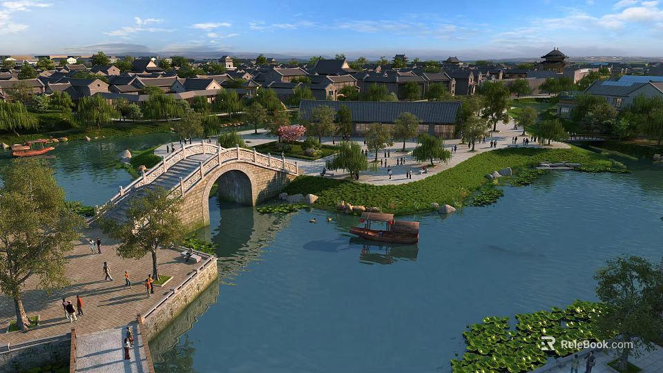 Stone Arch Bridge Over River With Traditional Buildings Small Boat Pedestrians And Green Plants 3d model 