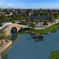 Stone Arch Bridge Over River With Traditional Buildings Small Boat Pedestrians And Green Plants