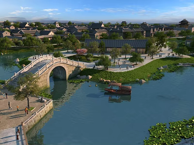 Stone Arch Bridge Over River With Traditional Buildings Small Boat Pedestrians And Green Plants 3d model