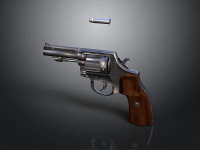 Vintage Revolver With Metal Body Wooden Grip And Bullet On Dark Background 3d model