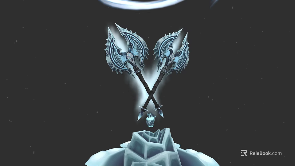 Blue Patterned Crossed Weapons With Intricate Designs On Icy Base Against Dark Starry Sky 3d model 