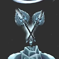 Blue Patterned Crossed Weapons With Intricate Designs On Icy Base Against Dark Starry Sky