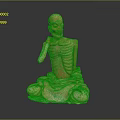 Emaciated Man Statue Sitting on Ground with Tattered Clothes and Wooden Cane Against Gray Background