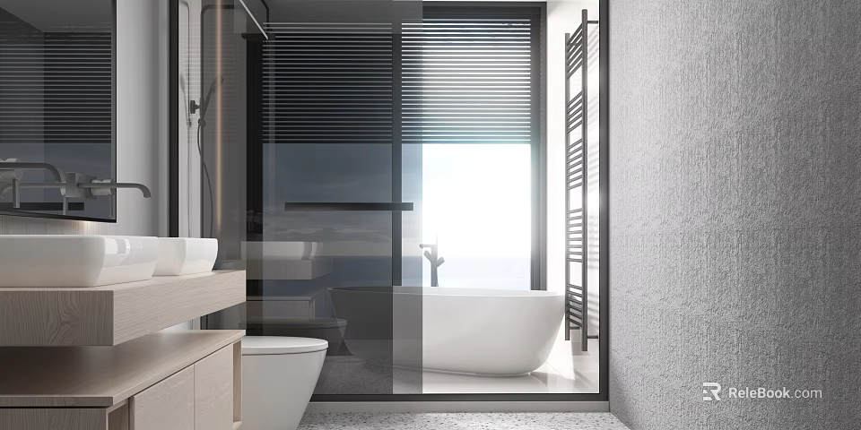 Modern Bathroom Interior With White Bathtub Glass Partition And Natural Light Blinds 3d model 