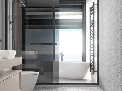 Modern Bathroom Interior With White Bathtub Glass Partition And Natural Light Blinds 3d model