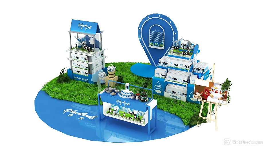 Commercial Retail Display Equipment With Blue Themed Booths Product Showcases And Pureland Branding 3d model 