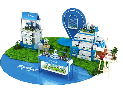 Commercial Retail Display Equipment With Blue Themed Booths Product Showcases And Pureland Branding 3d model
