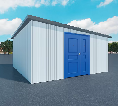 Industrial Workshop With White Wall Panels Blue Double Doors And Gray Roof 3d model