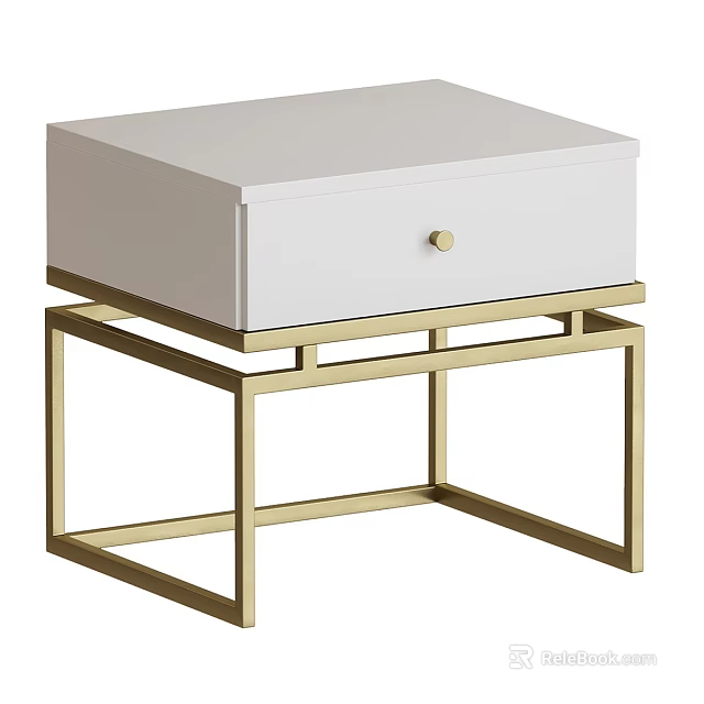 Modern White Nightstand With Gold Metal Frame And Round Knob Design 3d model 