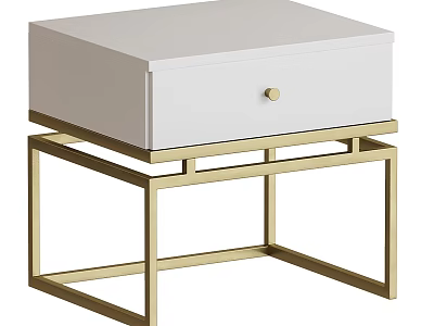 Modern White Nightstand With Gold Metal Frame And Round Knob Design 3d model