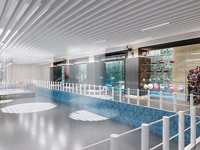 Modern Fitness Gym Space Featuring Swimming Pool And Workout Equipment Training Area 3d model