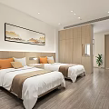 Modern Hotel Guest Room With Twin Beds Nightstands Wooden Wardrobe And Wall Painting