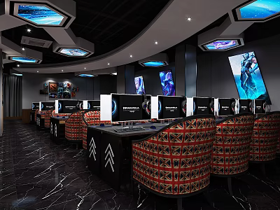 Modern Internet Cafe Interior With Hexagonal Ceiling Multiple Computers And Patterned Seats 3d model
