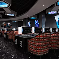Modern Internet Cafe Interior With Hexagonal Ceiling Multiple Computers And Patterned Seats 3d model