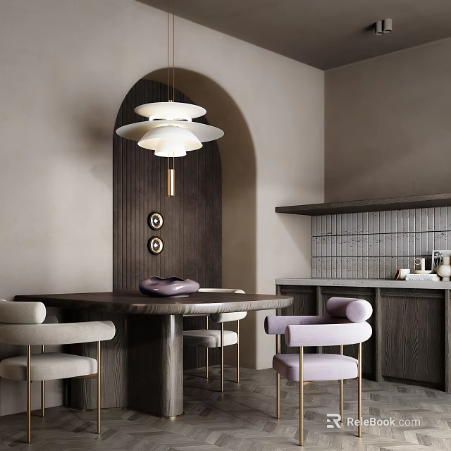 Elegant Dining Table Set With Round Table Light Purple Chairs And Pendant Light 3d model
