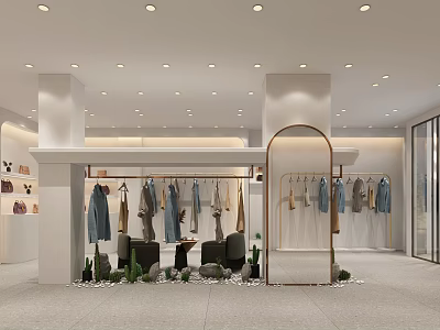 Modern Clothing Store Interior With Fashion Apparel Display Racks And Green Plants 3d model