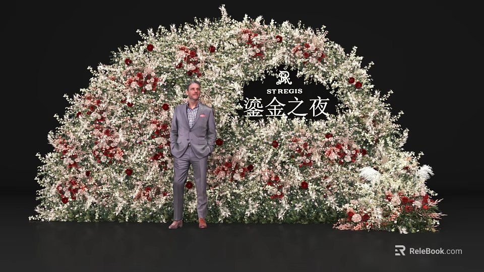 Elegant Floral Arch Installation for Gilded Night Event With Red White Flowers and Black Backdrop 3d model 