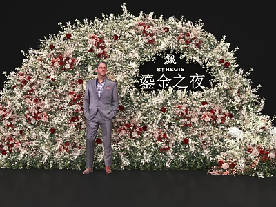 Elegant Floral Arch Installation for Gilded Night Event With Red White Flowers and Black Backdrop 3d model