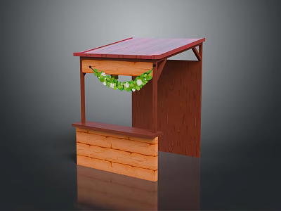 Small Wooden Outdoor Stall With Red Roof And Green Garland Decoration 3d model