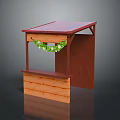 Small Wooden Outdoor Stall With Red Roof And Green Garland Decoration