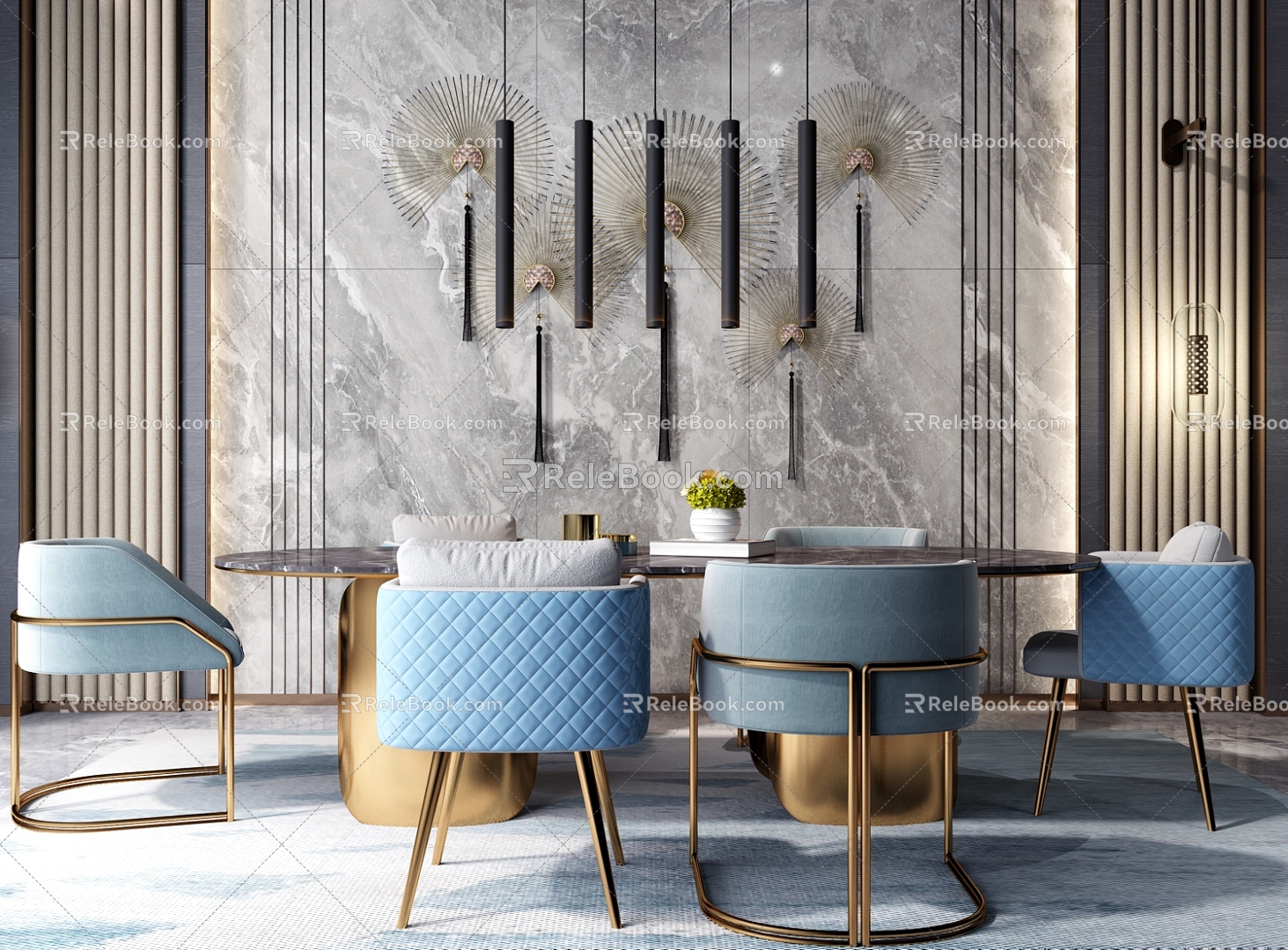 Modern Light Luxury Restaurant Dining Table and Chair Combination Chandelier 3d model