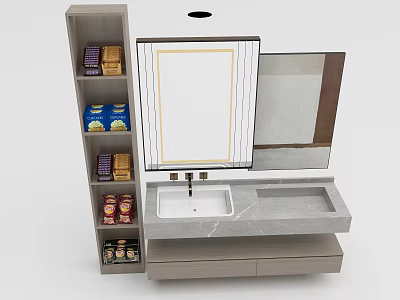 Modern Washbasin Vanity With Marble Countertop Double Mirrors And Open Shelf Storage 3d model
