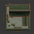 Cartoon Scene Of Traditional Chinese Architecture With Green Roof Red Pillars Wooden Structure And Steps