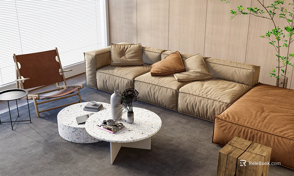 Beige Modular Sofa With Plush Cushions And Round White Coffee Table In Cozy Living Room 3d model 