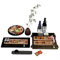 Fresh Sushi and Sashimi Platter with Sake Bottles Bamboo Decor and Wooden Trays