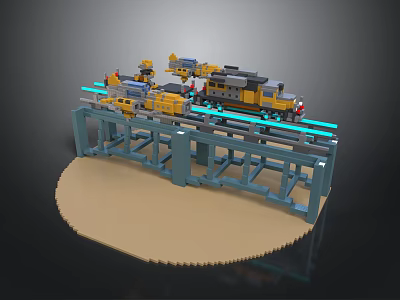 LEGO Train Track Bridge with Multiple Yellow Cars and Blue Structure 3d model