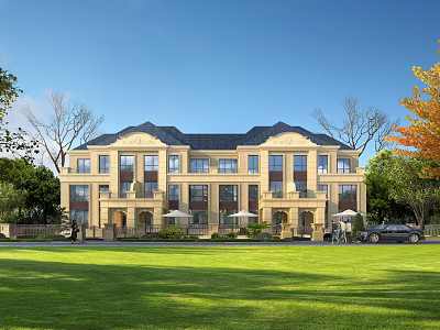 Traditional Townhouse Exterior With Symmetrical Design Sloped Roof Green Lawn And Trees 3d model