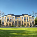 Traditional Townhouse Exterior With Symmetrical Design Sloped Roof Green Lawn And Trees