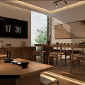 Traditional Tea House Interior With Wooden Tables Decorative Paintings And Green Plants