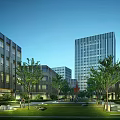 Contemporary Industrial Warehouse Featuring Glass Facade Plaza Area And Pedestrians Near Tall Buildings