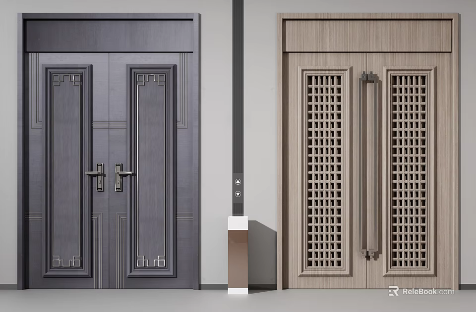Modern Double Doors Design With Dark Decorative Panels And Light Latticework Details 3d model