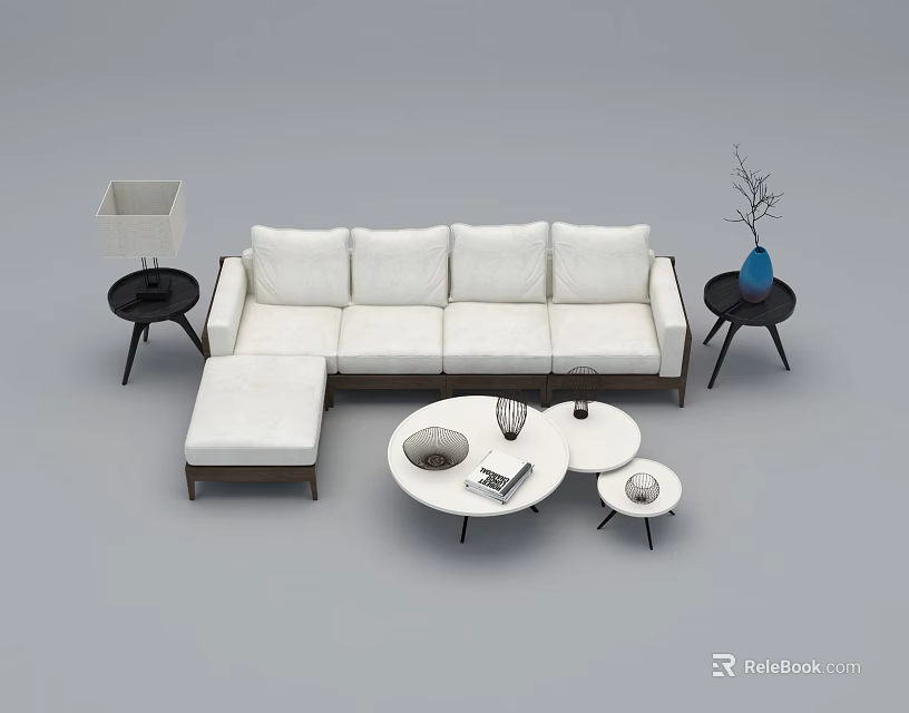 White Sectional Sofa with Black Side Tables Table Lamp Vase and Coffee Tables 3d model