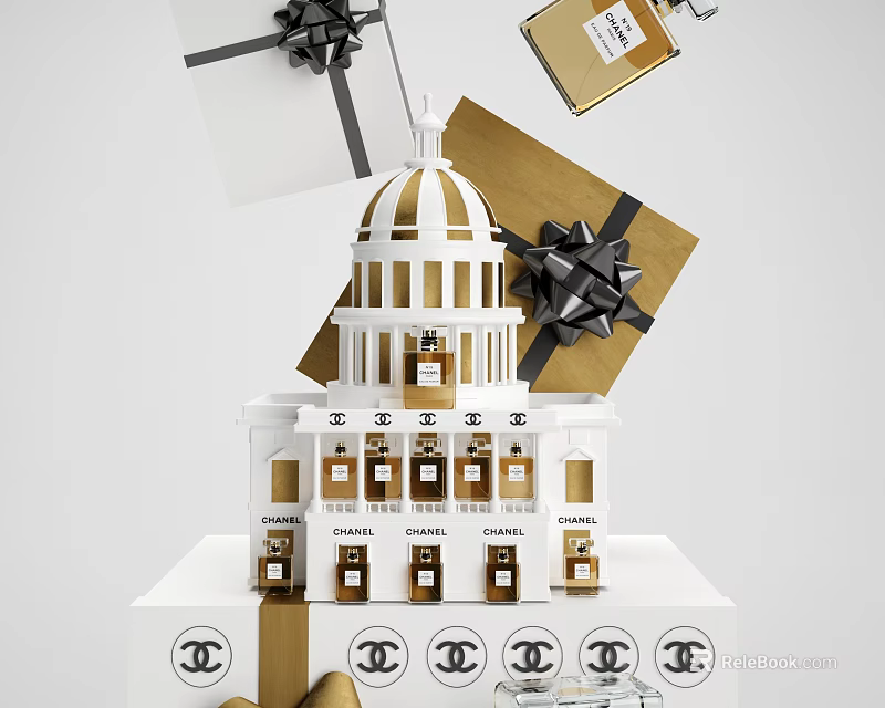Chanel Brand Window Display Decoration With White Architectural Model Gold Gift Boxes And Black Bows 3d model 