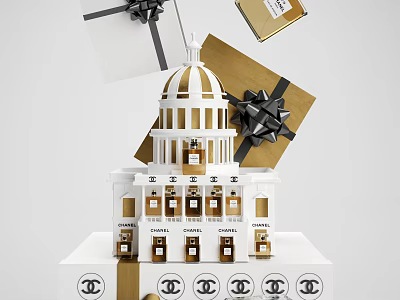 Chanel Brand Window Display Decoration With White Architectural Model Gold Gift Boxes And Black Bows 3d model