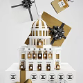 Chanel Brand Window Display Decoration With White Architectural Model Gold Gift Boxes And Black Bows