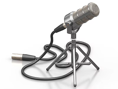 Vintage Microphone With Tripod Stand And Coiled Cable On White Background 3d model