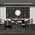 Modern Luxury Restaurant Interior With Dining Table Chairs Wine Cabinet Round Decorative Painting And Chandelier