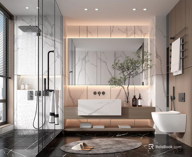 Modern Bathroom Interior Featuring Marble Vanity Large Mirror Glass Shower And Potted Plant 3d model 