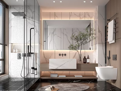 Modern Bathroom Interior Featuring Marble Vanity Large Mirror Glass Shower And Potted Plant 3d model