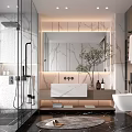 Modern Bathroom Interior Featuring Marble Vanity Large Mirror Glass Shower And Potted Plant