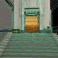 Futuristic Indoor Structure With Stairs Glowing Door Metallic Walls And Crates
