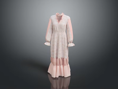Elegant Long Sleeve High Neck Lace Dress With Pink Sleeves And Ruffled Hem 3d model