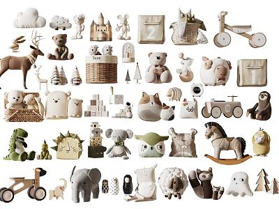 Cute Plush And Wooden Dolls With Animal Figures Toy Cars And Small House Models 3d model