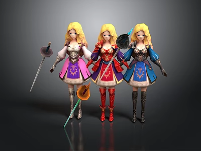 Three Blonde Women Characters Posing In Different Fantasy Costumes With Weapons 3d model